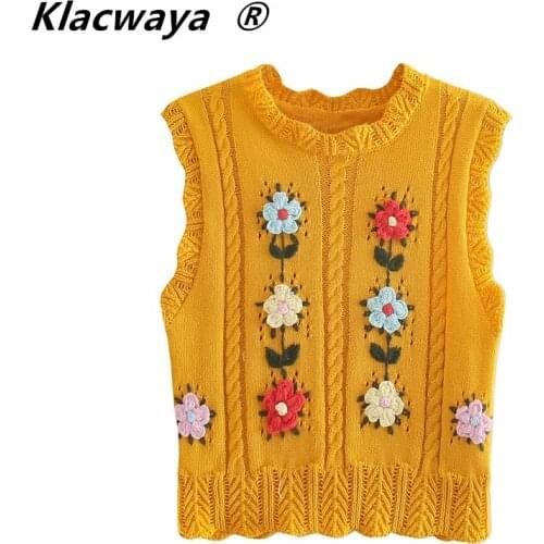 Klacwaya Women Floral Embroidery Crochet Short Knitting Sweater Lady Sleeveless Casual Slim Summer Vest Crop Pullovers Tops