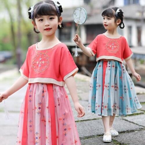 Girl Chinese National Style Sets Summer TShirt Skirt Coat 2PCS Suit Children Traditional Tang Dynasty Girl Country Style Clothes