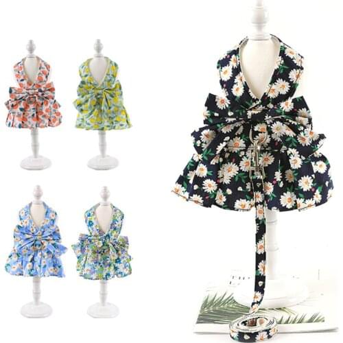 Dog Dress and Leash Set Cute Bowknot Teddy Bichon Dog Harness Vest Spring and Summer Cat Dress Outdoor Pet Clothing