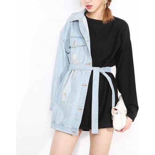 Korean Womens Spring Cowboy Patchwork Knitting Oversized Hoodies Lace-up Denim Tops Full-Sleeves Loose Long Jeans Sweatshirts