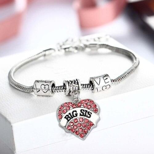 Crystal Blue Red Clear Heart Pendant Bangle Bracelet Retro Little Baby Big Sister Family Party Gifts Fashion Shiny Charm