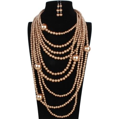 Fashion Jewelry Women Sets Exaggerated Multi Layer Gold&White Color Imitation Pearls Long Pendants Bib Statement Jewelry Sets