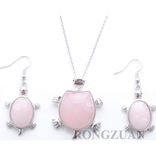 Romantic Lady Gift Natural Rose Quartzs Jewelry Set Classic fashion Gem stone Pendant Hanging Earrings Necklace Chain 18" TQ3105