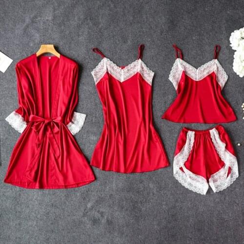 2020 New Fashion Summer Womens satin Pajamas Four-piece Sleepdress+Camisole+Pants+Robe Satin Sleepwear Nightwear