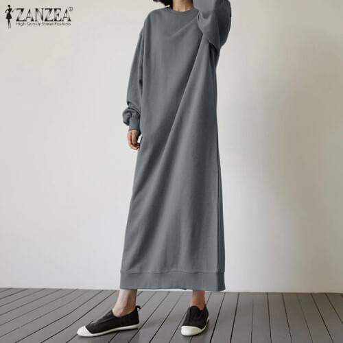 2021 Autumn Solid Sweatshirt Dress ZANZEA Casual Vintage Long Sleeve Vestidos Women O Neck Split Long Sundress Female Plus Size