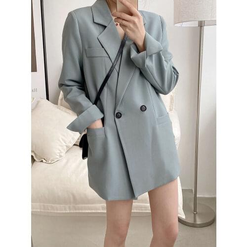 Autumn Solid Elegant Blue Blazer Women Jacket Womens Korean Style Loose V-neck Long Sleeve Cardigans