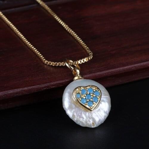 Tiny sky blue cz micro paved heart charm natural coin freshwater pearl bead thin gold chain pendant choker necklace for women