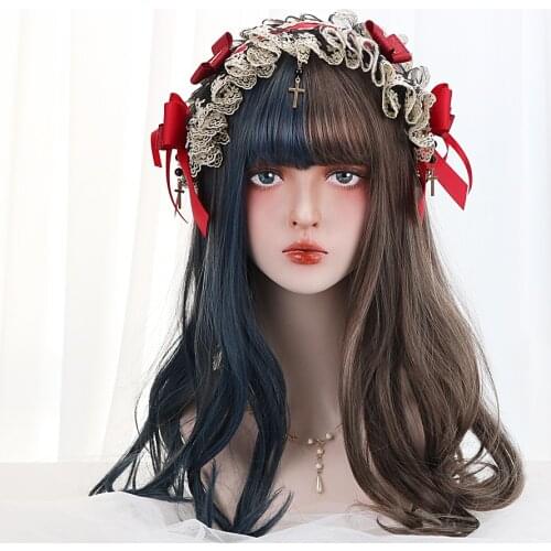 Free Beauty 20" Long Wavy Synthetic Blue Purple Violet Brown Reddish Dark Roots Hair Wigs with Bangs for Women Lolita Cosplay
