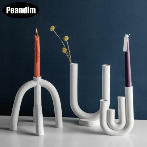 PEANDIM Nordic Romantic Candle Holder White Ceramic Dinner Props Candlestick Household Decoration Pillar Candle Stand
