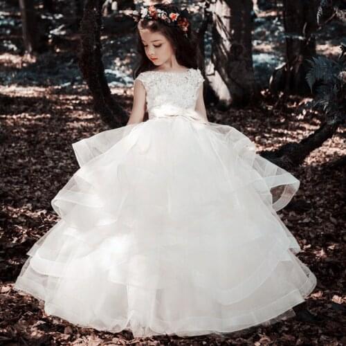 Champagne Flower Girl Dresses Lace Applique For Wedding Girls Cascading Tulle First Holy Communion Pageant Party Dresses