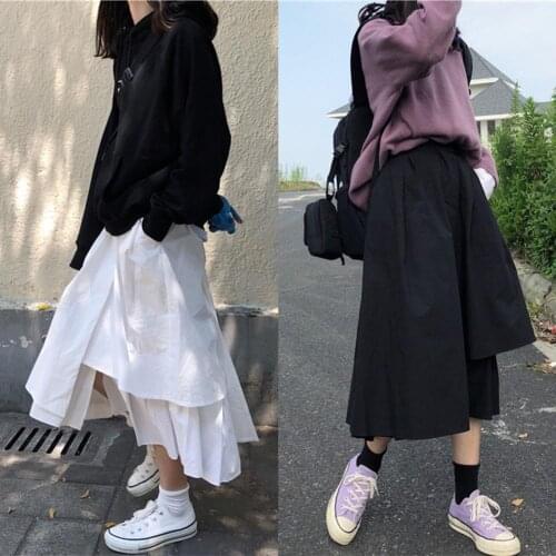 Plus Size skirt high waist ladies Women Lady Casual Solid Color Loose High Waist Pleated Irregular Hem Long Skirt