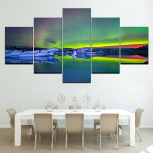 Mordern Canvas Wall Art Pictures HD Prints Paintings 5 Pieces Green Aurora rainbow Lake Hill Night Posters Home Decor Framework