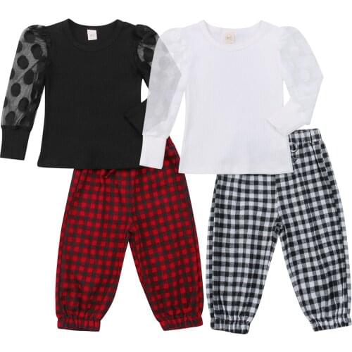 Citgeett Autumn kids Toddlers Baby Girls Tracksuits Ribbed Stitching Long Sleeves Blouse + Plaid Casual Pants Clothes 1-5Years