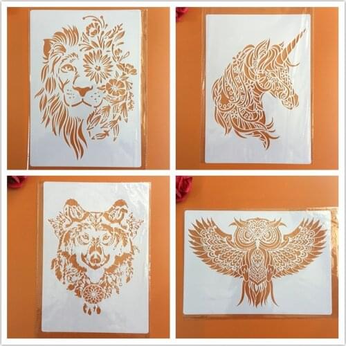 4pcs/set A4 Animals Mandala Stencils Painting Coloring Embossing Scrapbook Album Decorative Template cake stencil crafts books