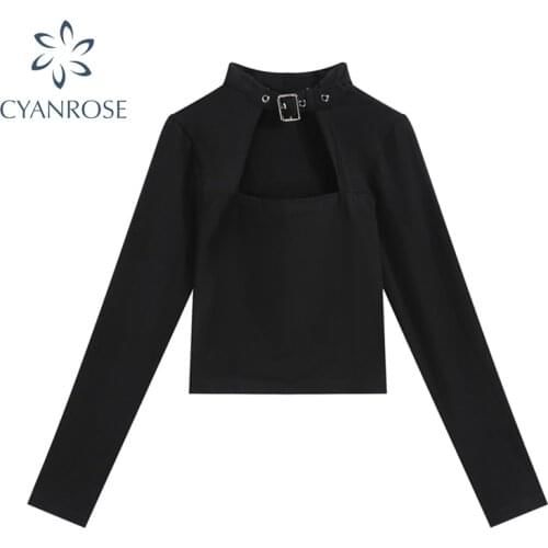 Button Collar Hollow Out Crop Tops Womens Sexy Slim Party Clubwear Streetwear Bodycon T Shirts Long Sleeve Pullover Short Tops