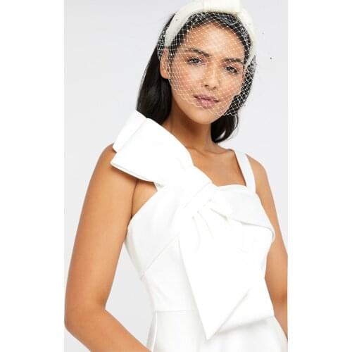 Ivory Bowknot Slip Tank Midi Formal Dress Asymmetric Strapless Fit-Flare High Waist Tuxedo Celebrate Party Brides Occasion Gown