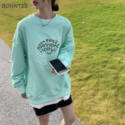 Hoodies Women Ulzzang Green Letter-Printing Spring All-match O-neck Preppy Girls Casual Pullovers College Workout Popular Loose