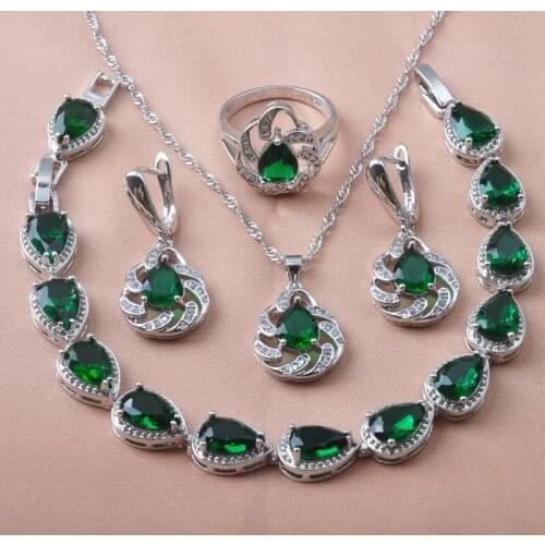 2020 New Jewelry Sets For Women Wedding Green Crystal Bracelet Ring Drop Earrings And Necklace Set Engagement Gift YZ0628