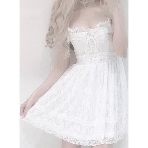 Women Dresses Ruffle Pleated Bow Tie Fairy Grunge Kawaii Sexy White Lace Dress 2021 Summer New Casual Elegant Solid Robe Femme