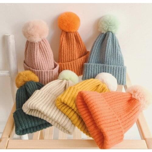 Winter Hats For Kids Knitted Beanie Baby Hat Children Rabbit Hair Pom Pom Hats For Girls Boys Warm Cap 2020