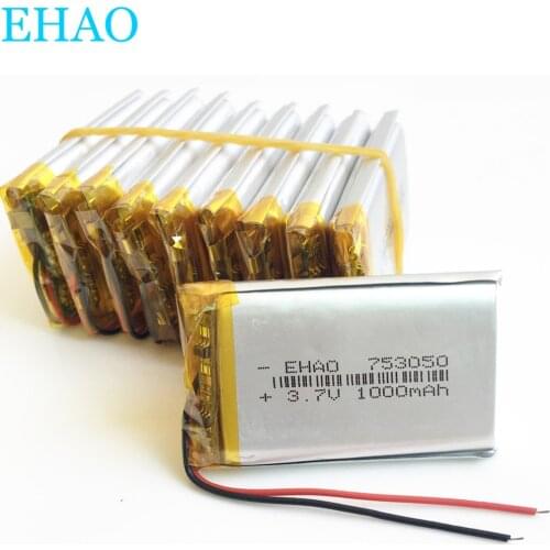 Wholesale 10pcs 3.7V 1000mAh 753050 Lithium Polymer LiPo Rechargeable Battery For Mp3 DVD PAD Tablet PC Power bank Camera