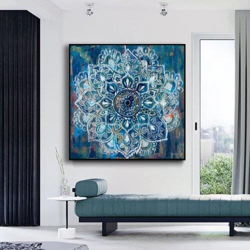 Grey Blue Mandala Flower Abstract Canvas Painting Posters and Prints Murals Art Flower Pictures for Living Room Home Decoration