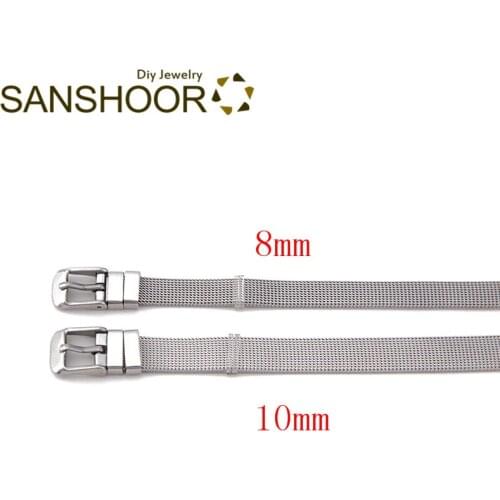SANSHOOR 8mm/10mm Width Stainless Steel Mesh Armband Keeper Bracelet For Women Toddler Diy Family Slide Charms Wristband Set