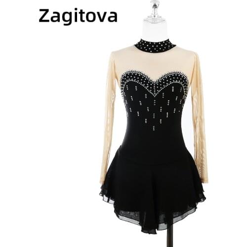 Black Figure Skating Dress Long Sleeves Ice Skating Skirt Womens And Girls Low Bosom Shiny Diamond Competition Dress