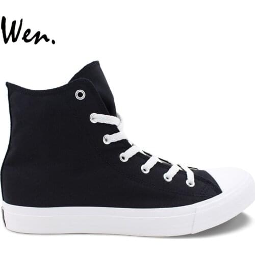 Wen Men Womens Solid Black Color Canvas Shoes High Top Female Sneakers Male Rope Soled Shoes Lace Up Skateboarding Trainers