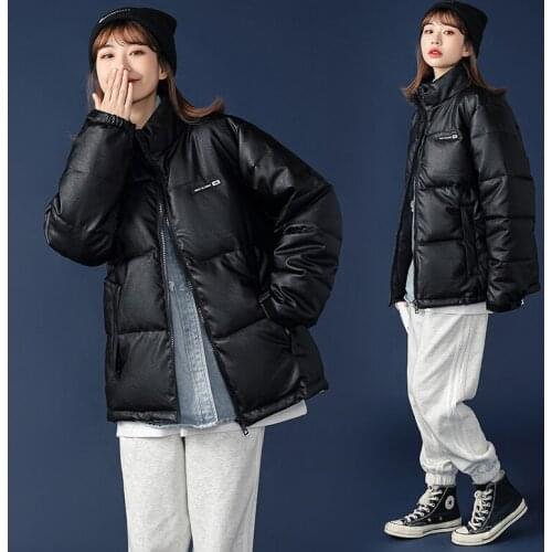 2021 New Women Winter PU Leather parkas Solid thicken zipper warm windproof jackets snow coat for female size M-XXL