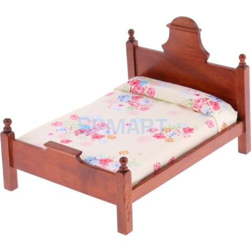 1/12 Scale Dollhouse Miniature Bedroom Furniture Floral Double Bed for 12th Dolls House Decoration Accessories