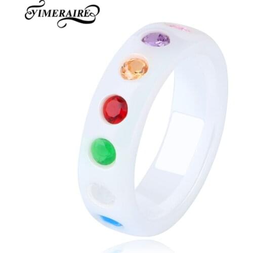 Fashion Smooth Finger Rings With Colorful Circle Bling Round Crystal Rhinestone For Women Female Ceramic Pink White Ring Jewelry
