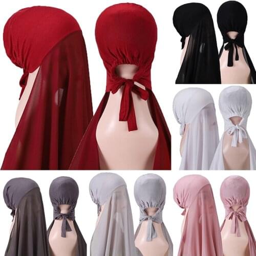 Muslim Female Beanie With Chiffon Shawl Head Scarf Underscarf Cap Islam Inner Scarf Bandana Stretch Hijab Cape Headwrap