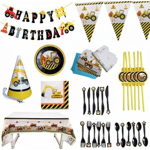 Engineering vehicle Theme Disposable Tableware Sets Excavator Inflatable Balloon Baby Shower Birthday Party Supplies
