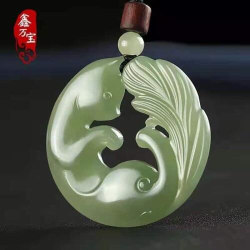 Natural A hetian jade double Hand-Carved jade fox green jade pendant jade necklace men pendants jewelry