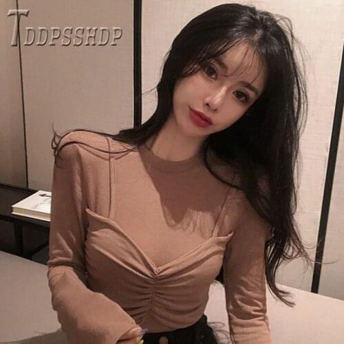 2019 Autumn New Fake Two Pieces Women T Shirt Korean Solid Color Patchwork Female Tee Shirts