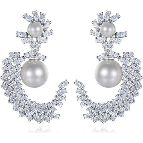 New Elegant CZ Drop Earrings for Women Wedding Engagement Fashion Jewelry Imitation Pearl Pendientes Bijoux Femme Gifts
