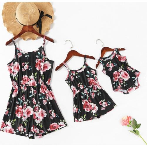 Print Mommy and Daughter Matching Clothes Summer Baby Girls Jumpsuit Fashion Kids Clothes Family Outfits for Birthday Party 2021