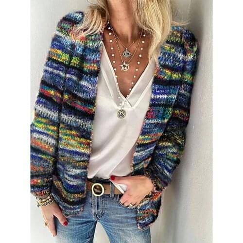 2020 Autumn Winter Women Cardigan Warm Long Sleeve Casual Striped Outerwear Womens Cadigan Multicolor Open Front Knit Sweaters
