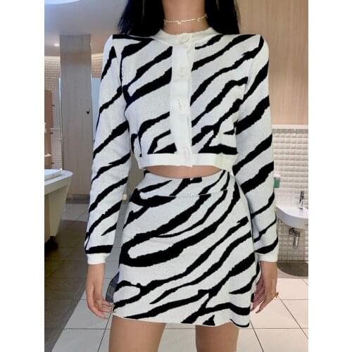 Autumn Winter Women Knitted Top Skirt Suit Slim Sexy Mini Cardigan Skirts Bottom Sweater Zebra Dress Party Club Two Pcs Set