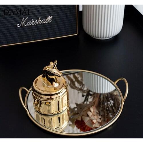 Golden Handle Storage Trays Glass Mirror Jewelry Tray Cosmetic Display Dressing Table Skin Care Products Container Home Decor