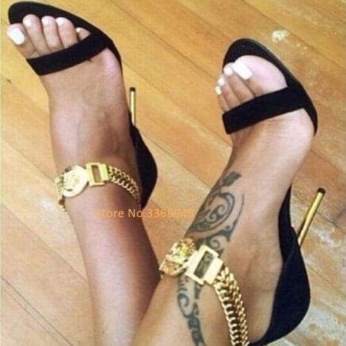 Metal Buckle Stiletto High Heel Sandals Open Toe One Strap Cut Out Shoes Runway Summer Sandals Chain Strap Suede Black