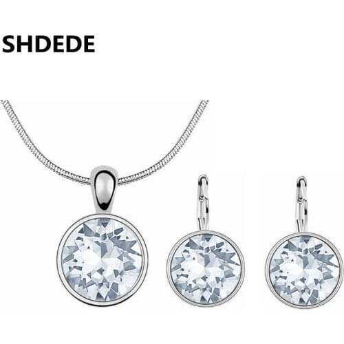 SHDEDE Big Round Pendants Necklace Earring Solitaire Clear Crystal from Swarovski High Quality Jewelry Sets For Women Gift