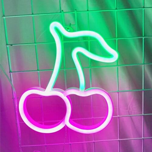 LED Cherry Neon Lamp Art Deco Neon Sign Bracket Light for Fruit Restaurant Wall Decor Home Bedroom Kids Room Night Lights