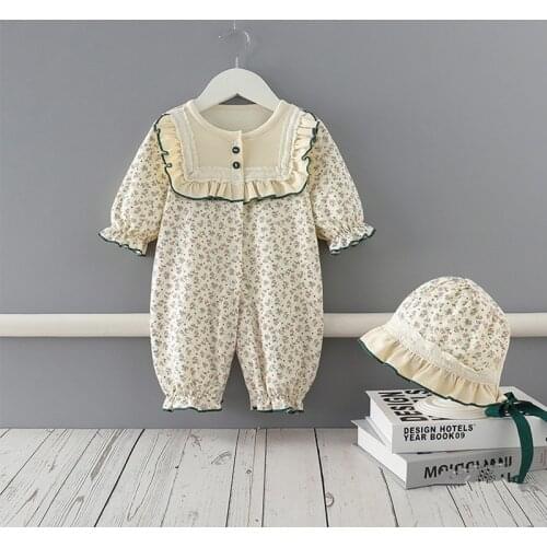 Newborn Baby Spring Clothes Flowers Print Boys Clothing Girls Jumpsuit with hat baby romper clothing for kids 0-18M