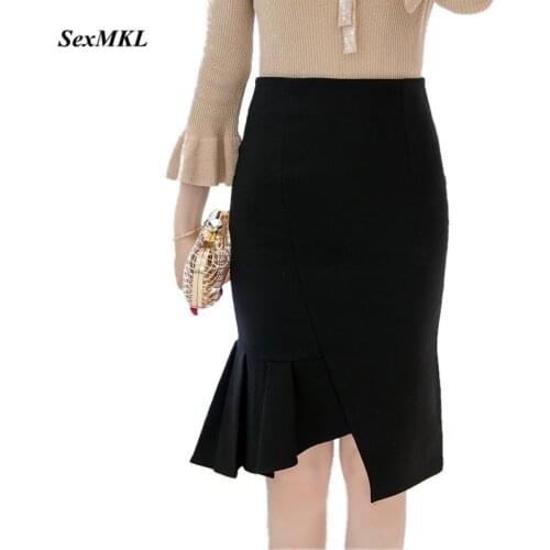SEXMKL Womens Black Korean Skirt Winter 2020 Autumn Elegant Sexy Ruffle Midi Skirt Office Ladies High Waist Plus Size Red Skirt
