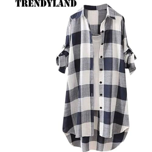 Trendyland Women Retro Black And White Lattice Shirt Casual Long Style O-Neck Loose Button Cotton Linen Long Shirts Streetwear
