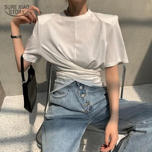 2021 Hem Slit Shoulder Pad T-shirt Summer Fashion T-shirt Women Short-sleeved Cross Pure Elegant Top Lady Mujer Camisetas 15918