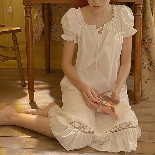 Women Lolita Princess Dress Puff Sleeve Sleepshirts Vintage Stringy Selvedge Lace Nightgowns.Cotton Nightdress Sleep Loungewear