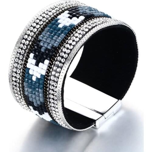 19.5CM Alloy Pu Leather Bracelet femme Magnetic Buckle Wristband Shiny Rhinestones High Quality Women Bangles pulseras hombre